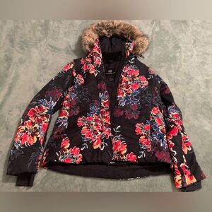 Obermeyer Black Unique Floral Print Ski Jacket with Faux Fur Detachable Hood